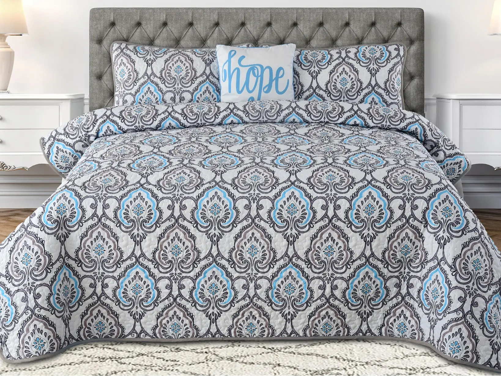 Lux Decor 4Pc Quilt Set-Ultrasonic Microfiber Bed Cover-Reversible Bedspread Includes 1 Quilt,1 Cushion & 2 Pillow Shams-Wrinkle Free & Fade Resistant