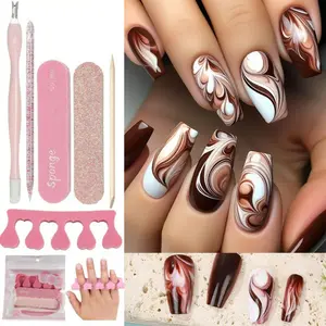 [30pcs/Set] 24pcs Glossy Press-On Nails in Milky Coffee Brown Marble Design & 6pcs of Nail Art Tools Coffee Marble Press on Nails Set, Long Coffin Fake Nails with Manicure Tools, Elegant Nail Art for Daily Wear