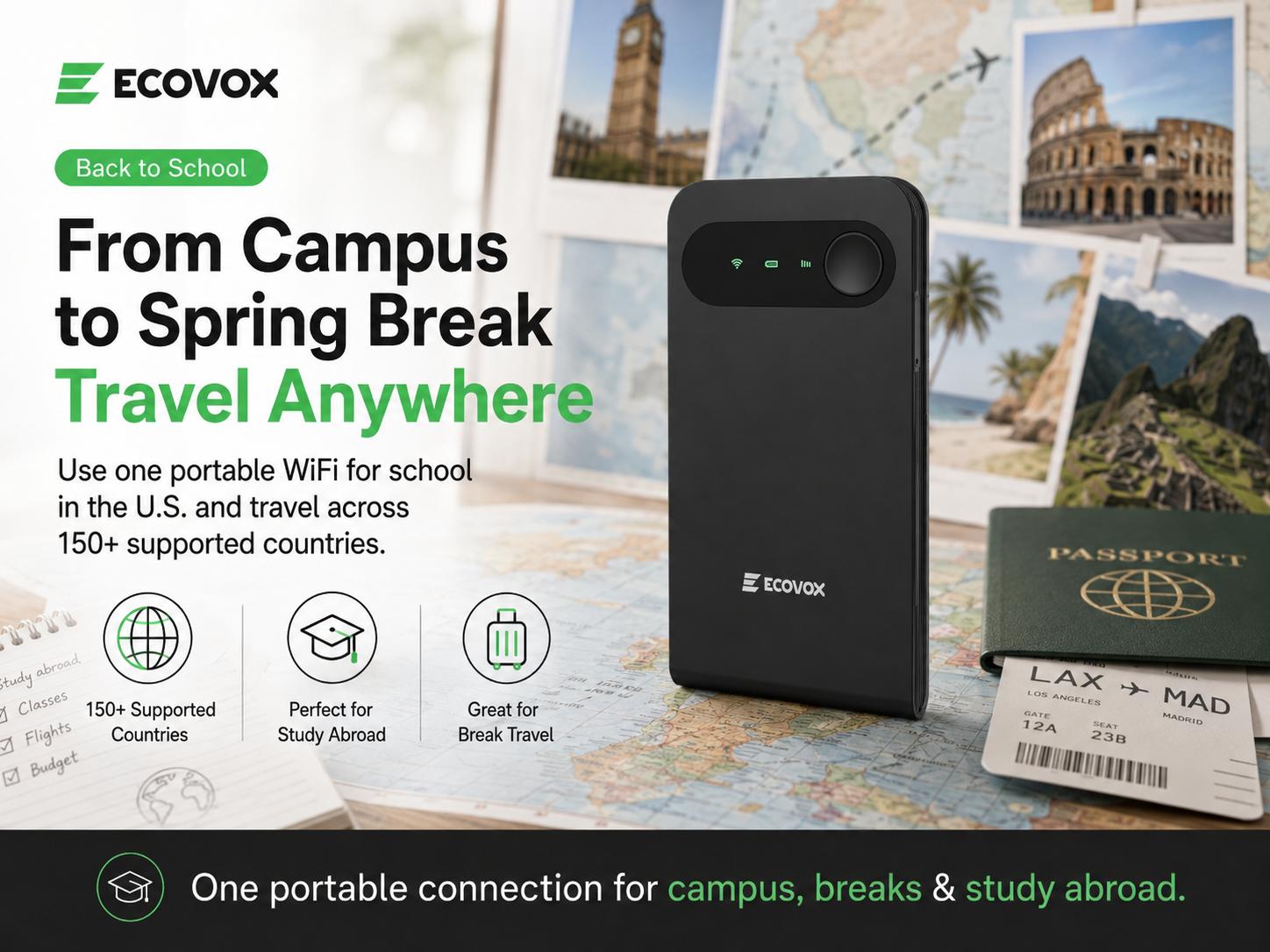ECOVOX 2026 High Speed Wireless WiFi Hotspot Portable Pocket Wi-Fi Router - 4G LTE WiFi 6, No SIM Card Required, Connect 9 Devices, 150+ Countries, Free 1GB Data, for College Students (Back To School)