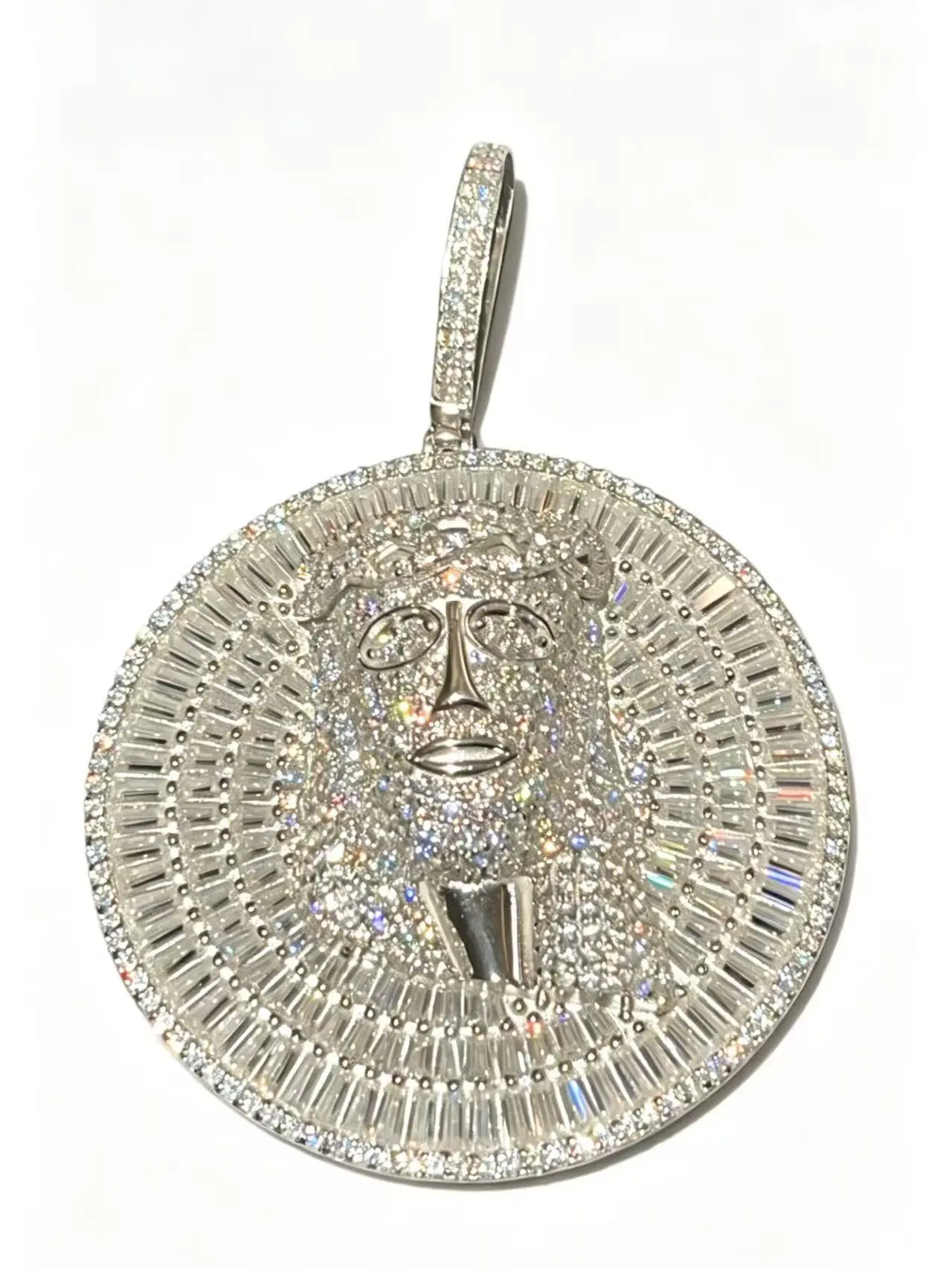 5400 Iced Out Jesus Piece Pendant Necklace, 925 Round Medallion with Baguette & Round Rhinestones, Men's Hip Hop Streetwear Bling Jewelry, Bling Accessories, Rhinestone Pendant Jewelry, Charms & Pendants