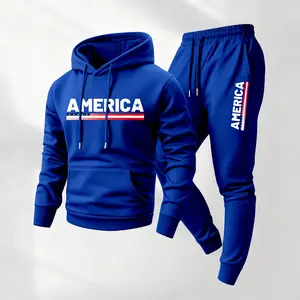 Men's America Printed Hoodie and Drawstring Sweatpants Set, Menswear, Casual Athletic Long Sleeve Hooded Jacket & Trousers for Fall & Winter, Men's Clothing for Daily Wear, Sportswear Indoor Outdoor, Tracksuit, Athleisure Summer Clothes