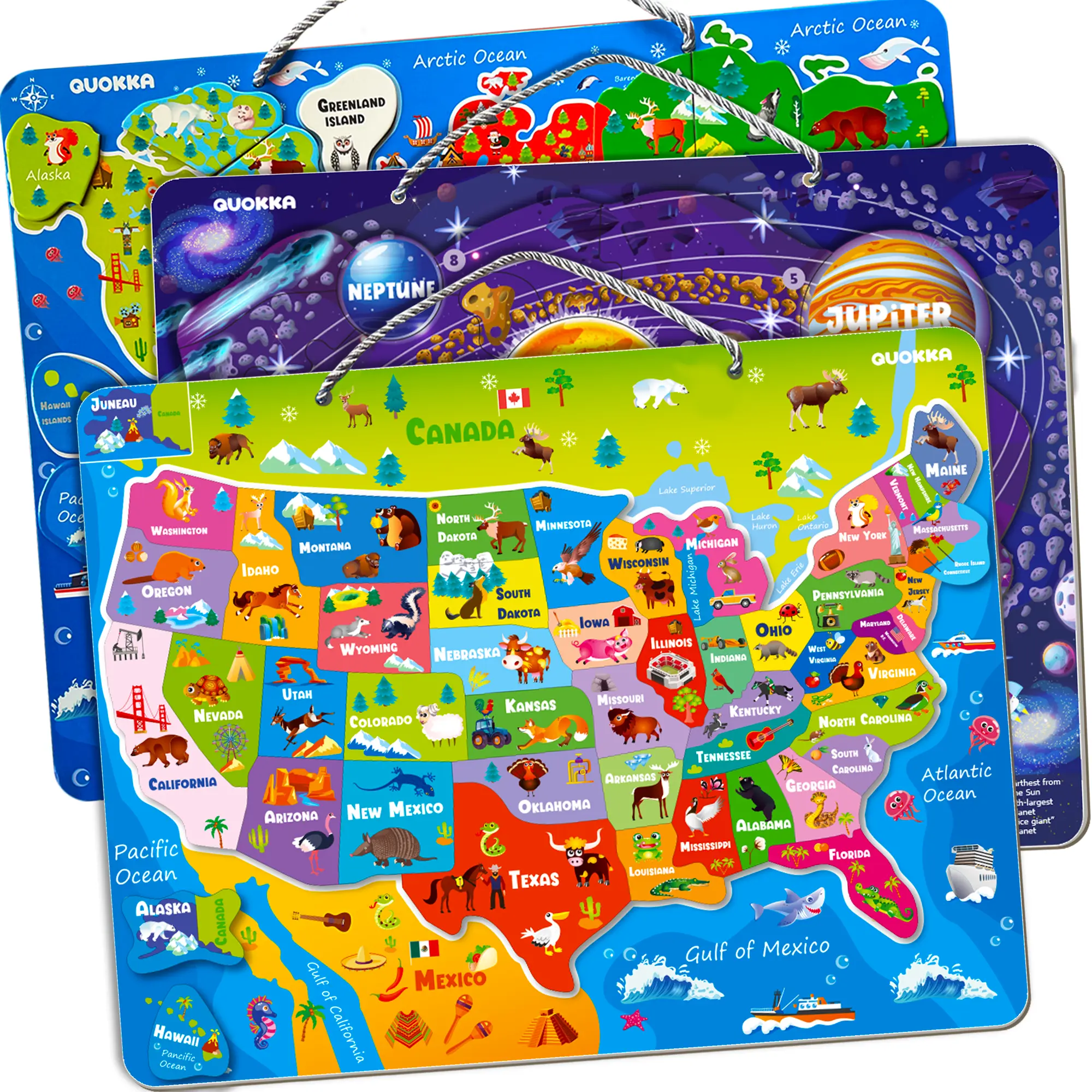 QUOKKA Magnetic Kid-Friendly Jigsaw Puzzle Set - 3 Packs (24 Total Pieces) Puzzle Book, Animals-Themed for Ages 4-6 with World Map, USA, Space Designs for Indoor Fun, Kids Learning Materials, Animals & Nature Creative Puzzle