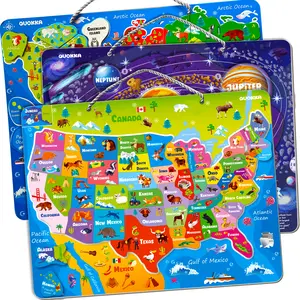 QUOKKA Magnetic 3 Set 24 Piece Jigsaw Puzzles for Kids | World Map, USA, Space