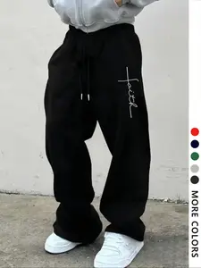 Men's Casual Loose-Fit Jogger Pants, Cross Faith Pattern Print, Drawstring Wide Leg Sweatpants, All-Season Men's Clothing, Workout Casual Baggy