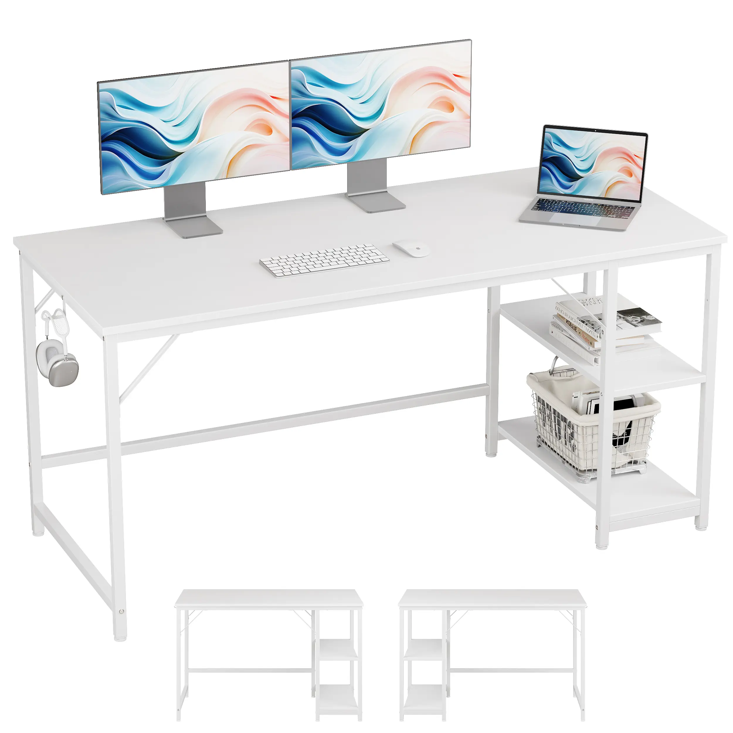 JOISCOPE Home Office Gaming Desk with Wooden Storage Shelf & Splice Board, 2-Tier Industrial Morden Laptop Study Writting Desk, 60 x 24 inches