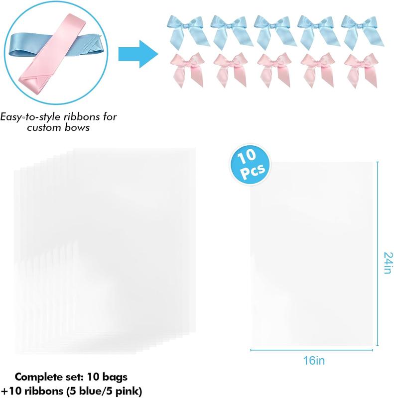 EKAPACKAGING 16X24 Inches 10 Pcs Large Cellophane Bags for Gift Baskets, Plastic Gift Basket Wrapping with Ribbons, Clear Cellophane Gift Bags for Party, Mother’S Day, Baby Showers, Christmas