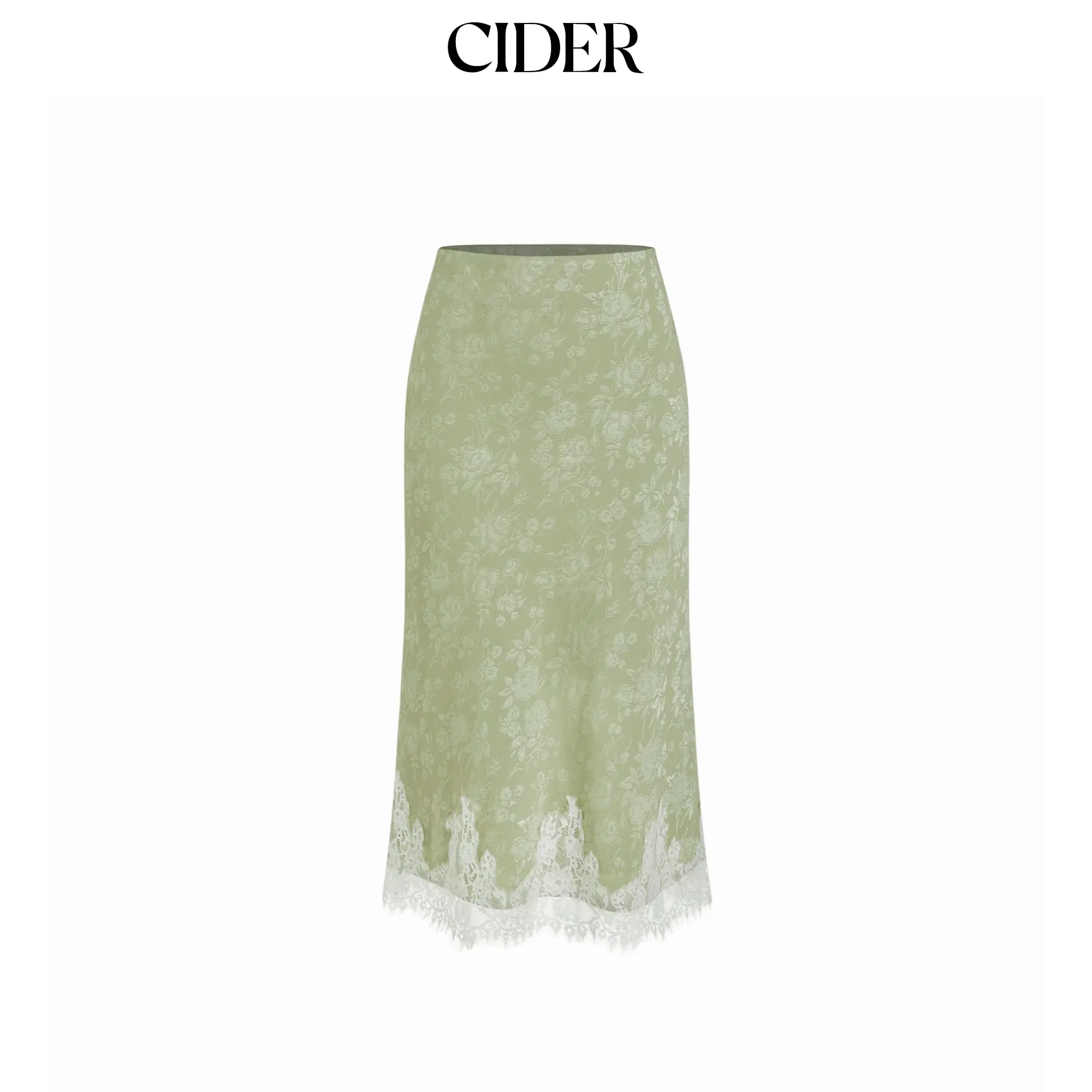 Cider Women's Fitted Jacquard Mid-Rise Mermaid Midi Skirt with Floral Lace Trim, Bottom, Lady, Mid Waist