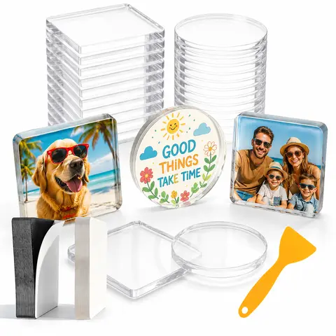 10-Pack Durable Transparent Easy-Install Customizable Adhesive-Backed Acrylic Fridge Magnets - Square & Round Art Print Magnetic Frames for Family Photos, Postcards - Home Decor for Kitchen, Classroom Packed Sets