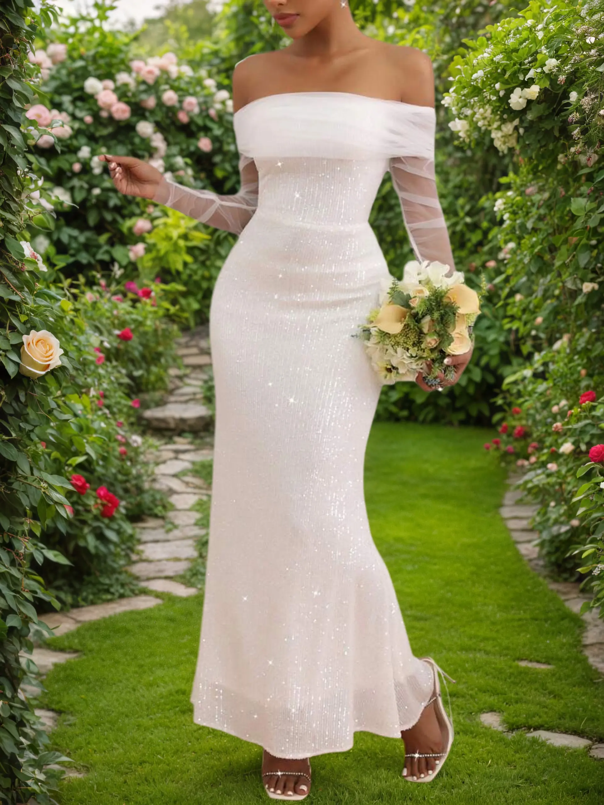 Elegant One-Shoulder Beaded Mermaid Wedding Dress - Long Sleeve Slim Fit  Bridal Gown with Illusion Mesh for Weddings and Special Occasions White  Sequin Womenswear - TikTok Shop