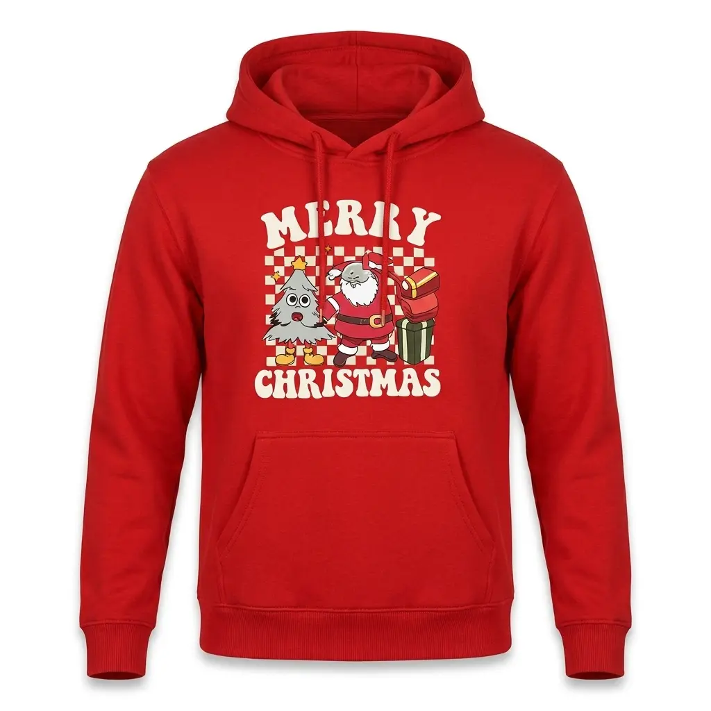 Merry Christmas Hoodie - Red Santa Reindeer & Christmas Tree Graphic Pullover - Unisex 70% Cotton Festive Holiday Fleece Jumper