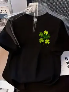 Four Leaf Clover Three Leaf Clover Print Womens Crew Neck Short Sleeve T Shirt Top Three Colors Available Fresh Lucky Style Loose Fit Soft Breathable Casual Versatile For Daily Commute And Travel