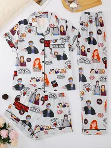 Women's Three-Piece Sleepwear Loungewear Set, Pajama Set, Button-Front Short Sleeve Top & Loose Shorts/pants, Movie Print, Casual Home Wear, All Seasons