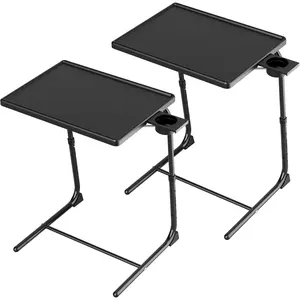 TV Tray Table, TV Dinner Tray for Eating Set of 2, Adjustable Folding Laptop Table with 6 Heights & 3 Tilt Angles, Cup Holder on Couch & Bed, Black