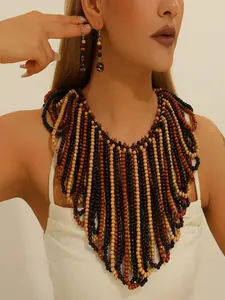 Fashionable and Exaggerated Multi-layered Tassel Fluffy Beaded Shawl Necklace and Earring Set