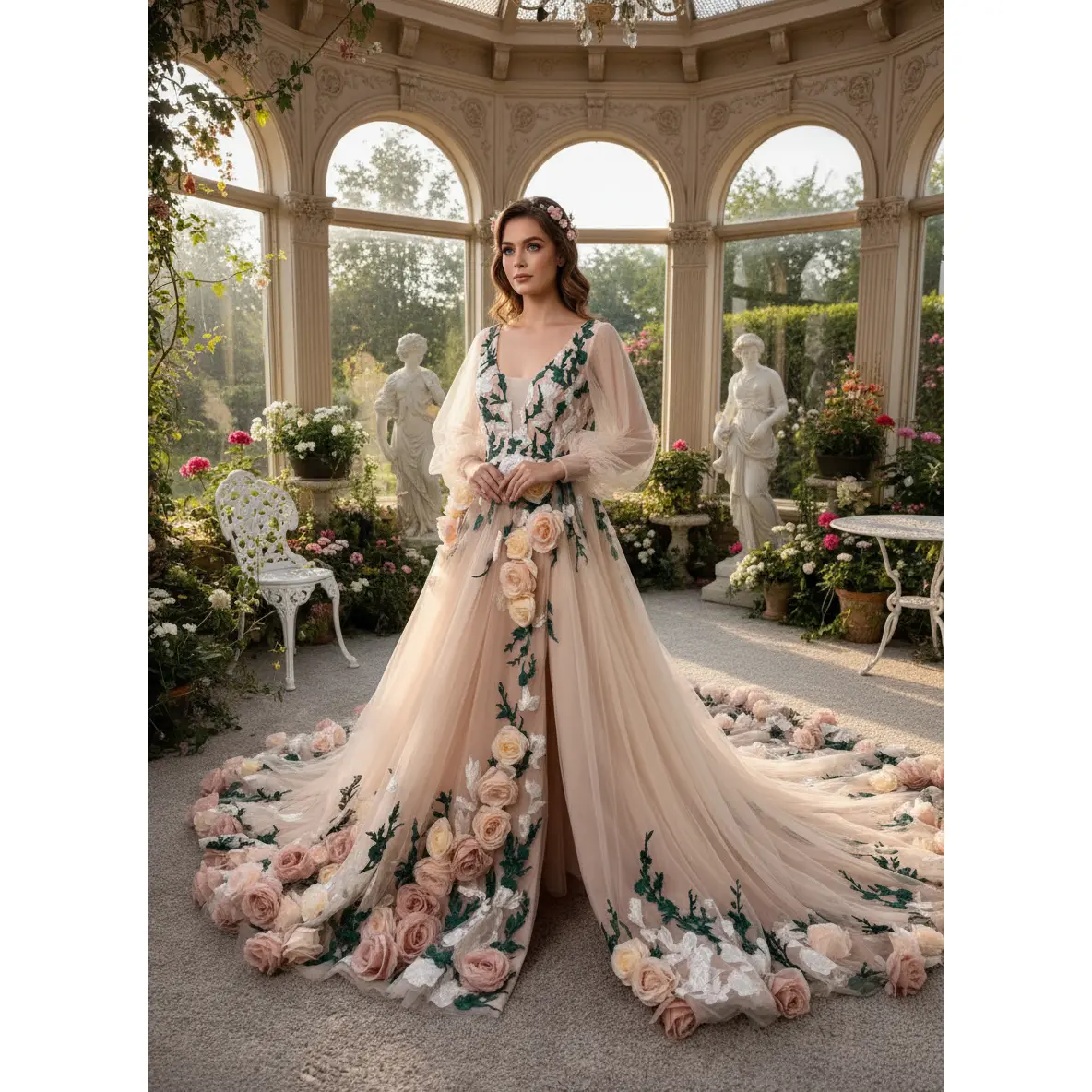 Courtney Champagne Wedding Dress with 3D Flowers, Garden Themed Wedding Dress, Custom 3D floral wedding dress, Custom Floral Gown