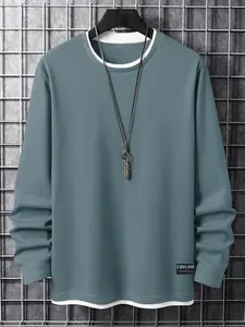 Men's Fashion Casual Long Sleeve T-Shirt, Spring & Fall New Style, Skin-Friendly Breathable Waffle Knit Round Neck Crewneck Top