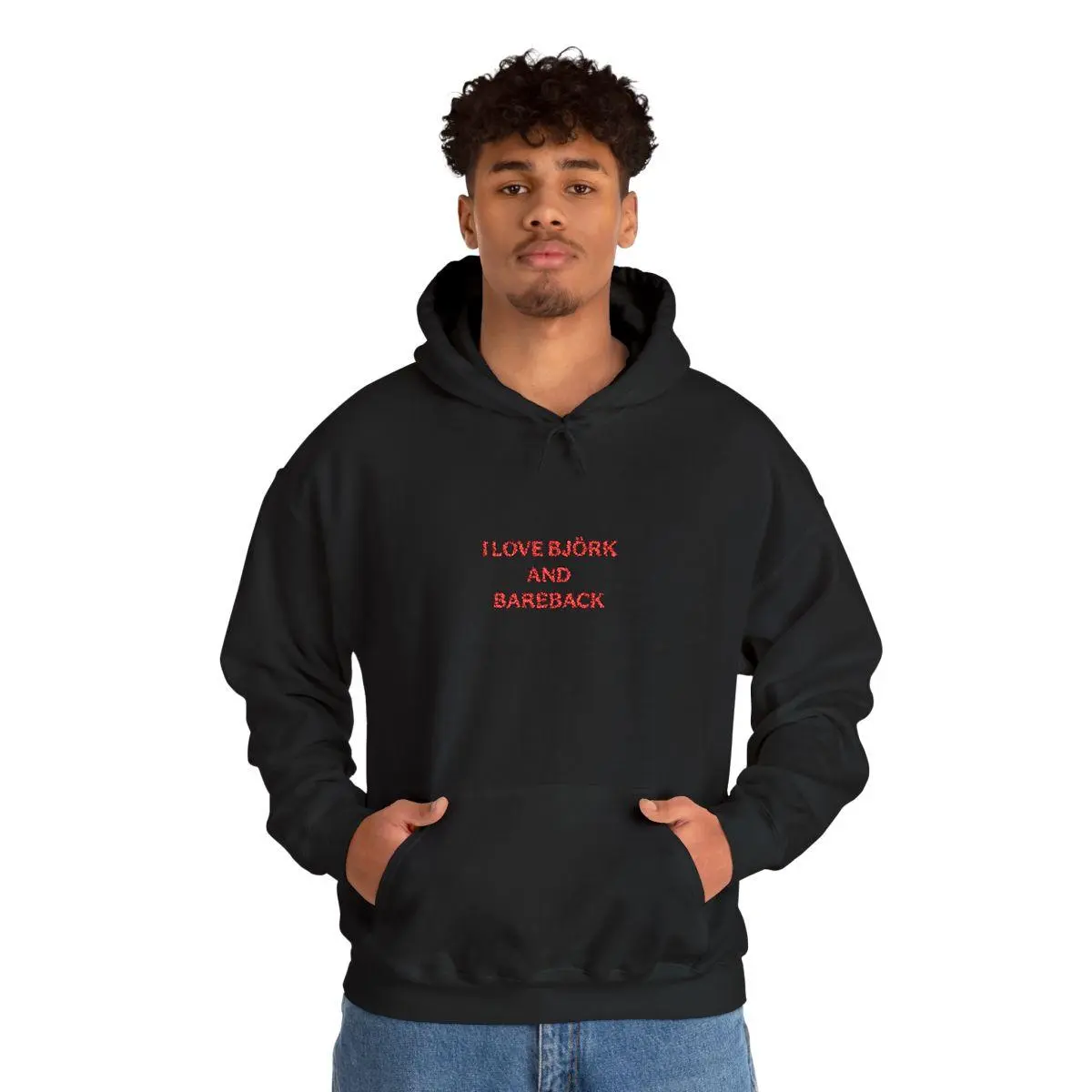 I Love Björk Hoodie, Queer Streetwear Sweatshirt, Cozy Fall Sweater for Björk fans, LGBTQ+ Hoodie, Red Bold Text Embroidery, Unisex Fit, Festival Graphic Statement