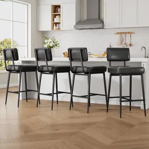 Bar Stools Set of 4, 26" Black Faux Leather Counter Height Bar Stools with Backs, Modern Upholstered Barstool Chairs with Metal Legs for Kitchen Island, Home Bar, Dining Room