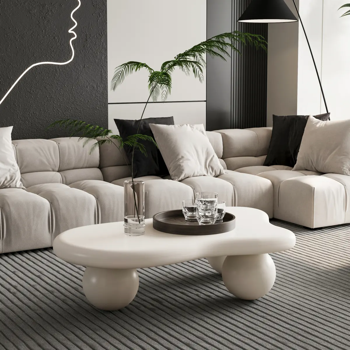 40 Inch Cloud Shaped Coffee Table with 3 Ball Legs for Living Room, Cream White