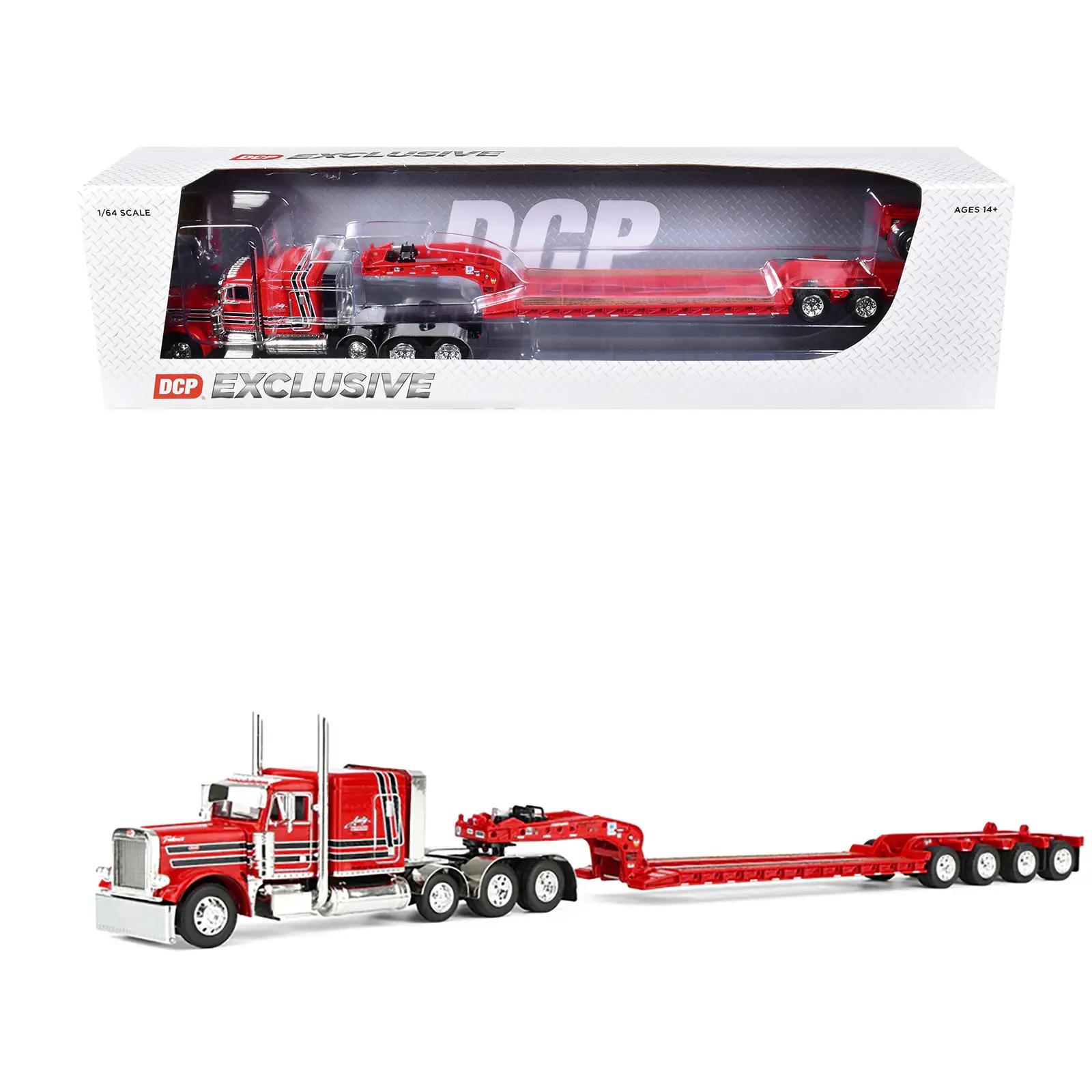 Peterbilt 379 with 63" Flat Top Sleeper & Fontaine Magnitude Trailer w/Fliptail Red w/Black 1/64 Diecast Model by DCP/First Gear