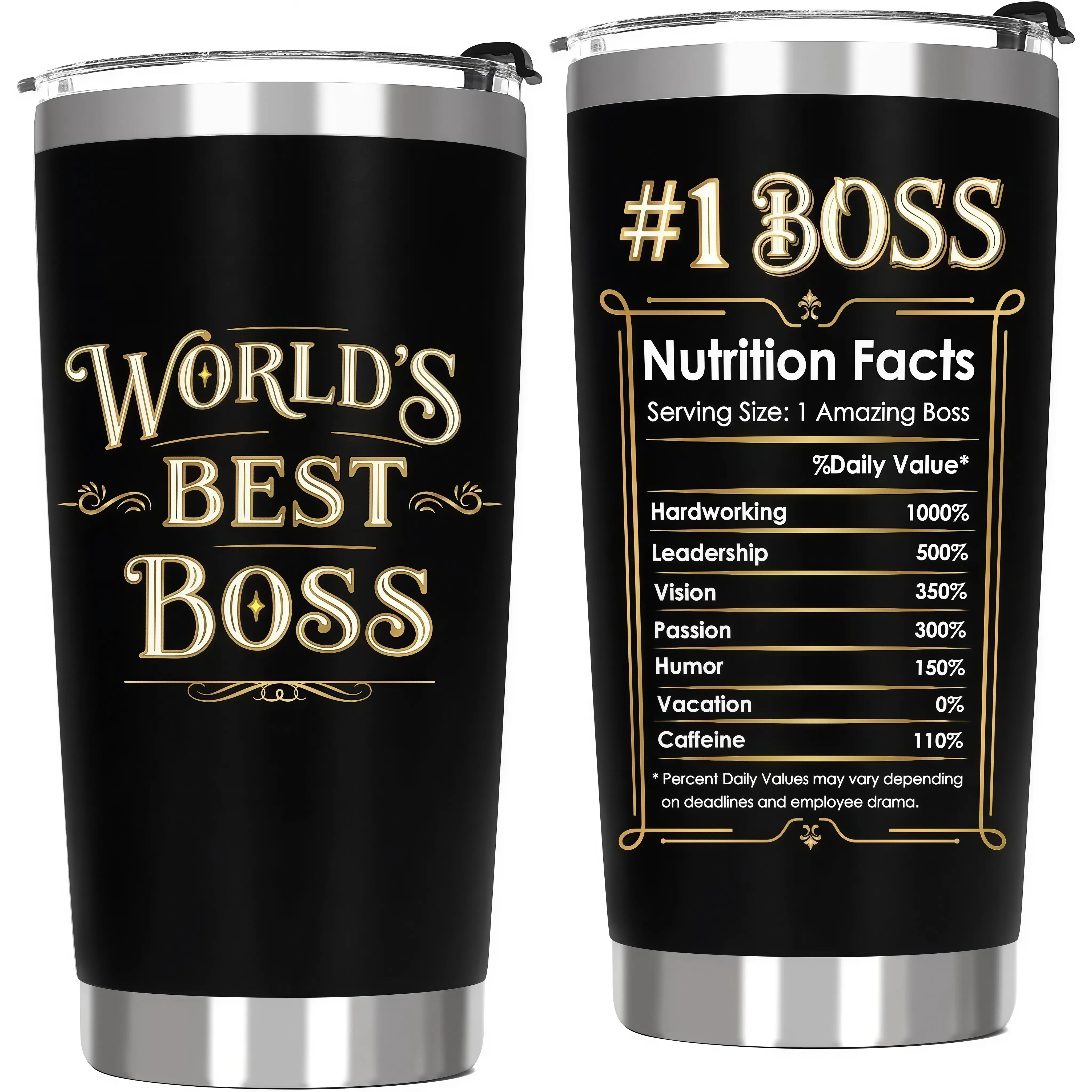 20 oz Black Insulated Stainless Steel Portable Stylish Travel Coffee Flask - Boss Appreciation & Birthday Gift for Men, Flasks