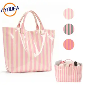Women's Large Capacity Striped Tote Bag, Lightweight Waterproof Shoulder Handbag for Daily Commute Shopping, Stylish All Seasons Portable Travel Purse, Casual Fashionable Aesthetic Beach Tote Vacation Work Weekender Overnight Bag Mom Bag Minimalist