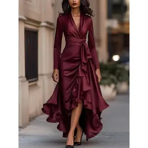 V-neck Belted Dress Flounce Trim Gown