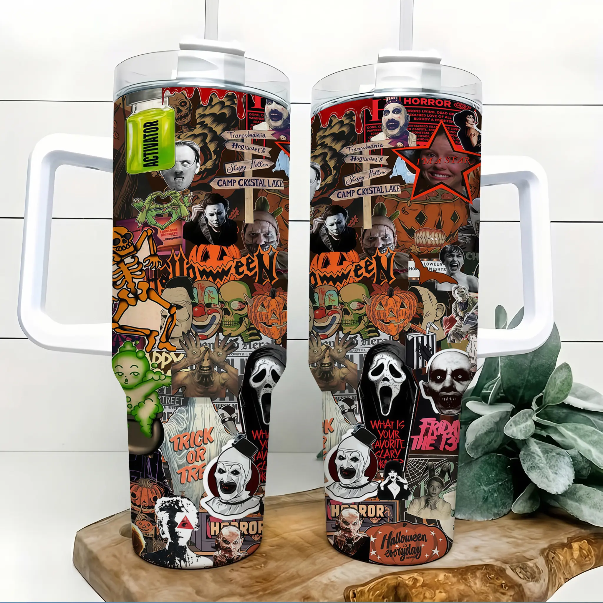 Halloween Horror Sticker Collage 40oz Insulated Tumbler with Handle and Straw Scary Movie Villain Pumpkin Ghost Clown Art Stainless Steel Water Bottle Travel Mug for Gym Car Commute Birthday Gift