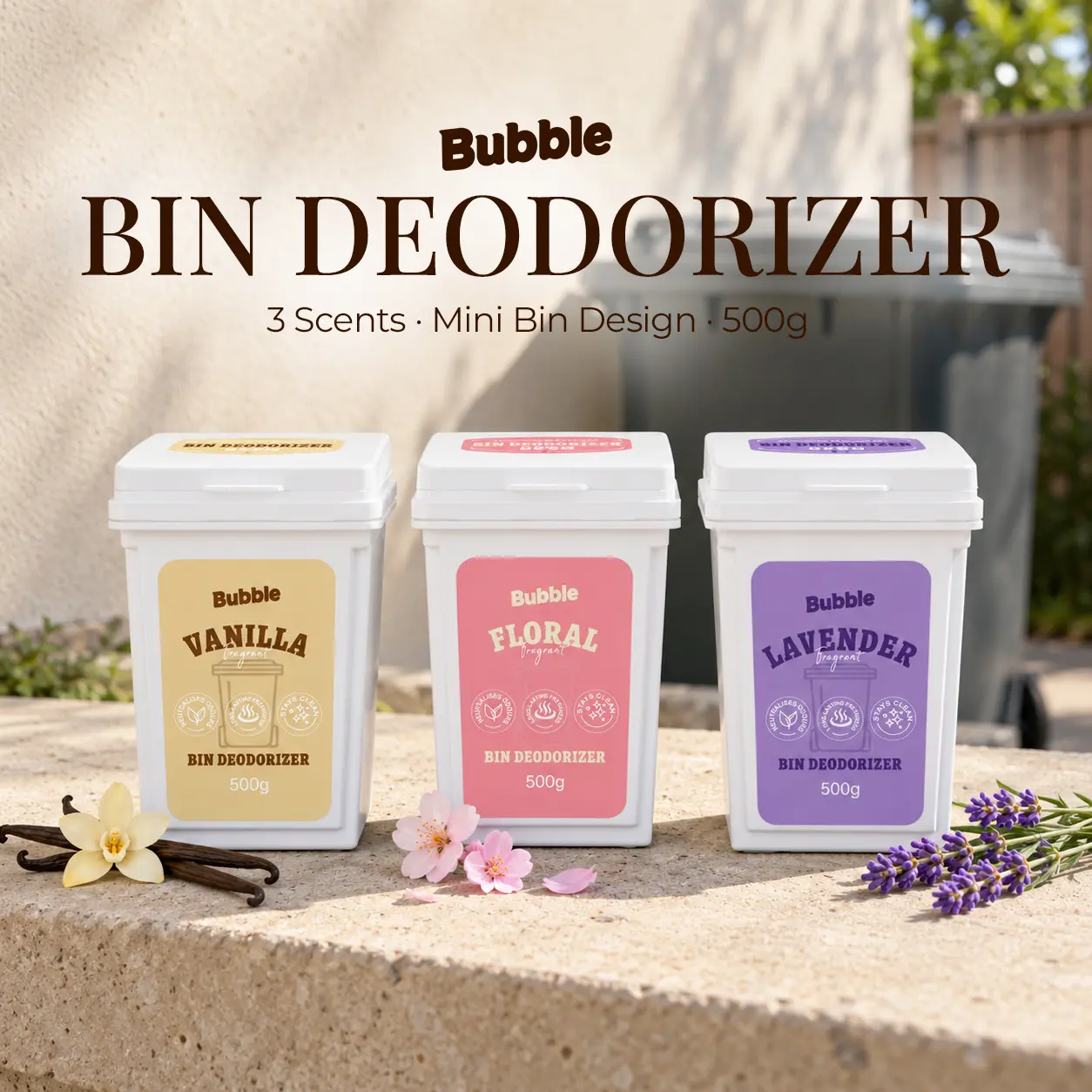 Bubble Trash Can Deodorizer Powder, 500g Mineral Formula, Helps Neutralize Waste Odors and Absorb Moisture & Leaked Liquids, Plant-Derived Fragrance, 2 Pour Openings for Kitchen Trash Cans, Diaper Pails, Pet Waste & Outdoor Bins - Bin deodorizer 500g
