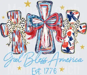 Patriotic Cross God Bless Blue - Patriotic Design - DTF Transfers - Direct to Film Transfer - THIS IS NOT A T-Shirt or Digital product
