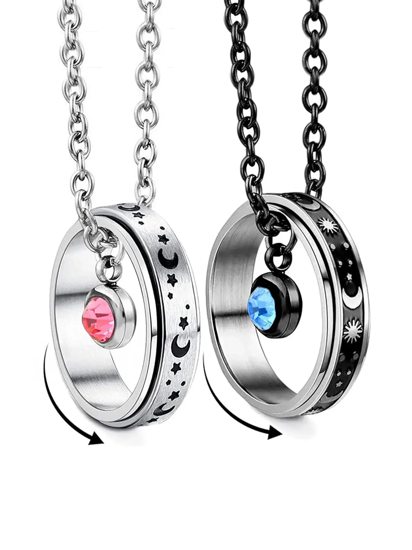 Couples' Matching Rings & Necklaces — Sun, Moon & Stars design with rotatable stress relief function, engravable rhinestone jewelry set for him & her. Romantic dual-wear pieces, ideal for long-distance couples, graduation & special occasions.