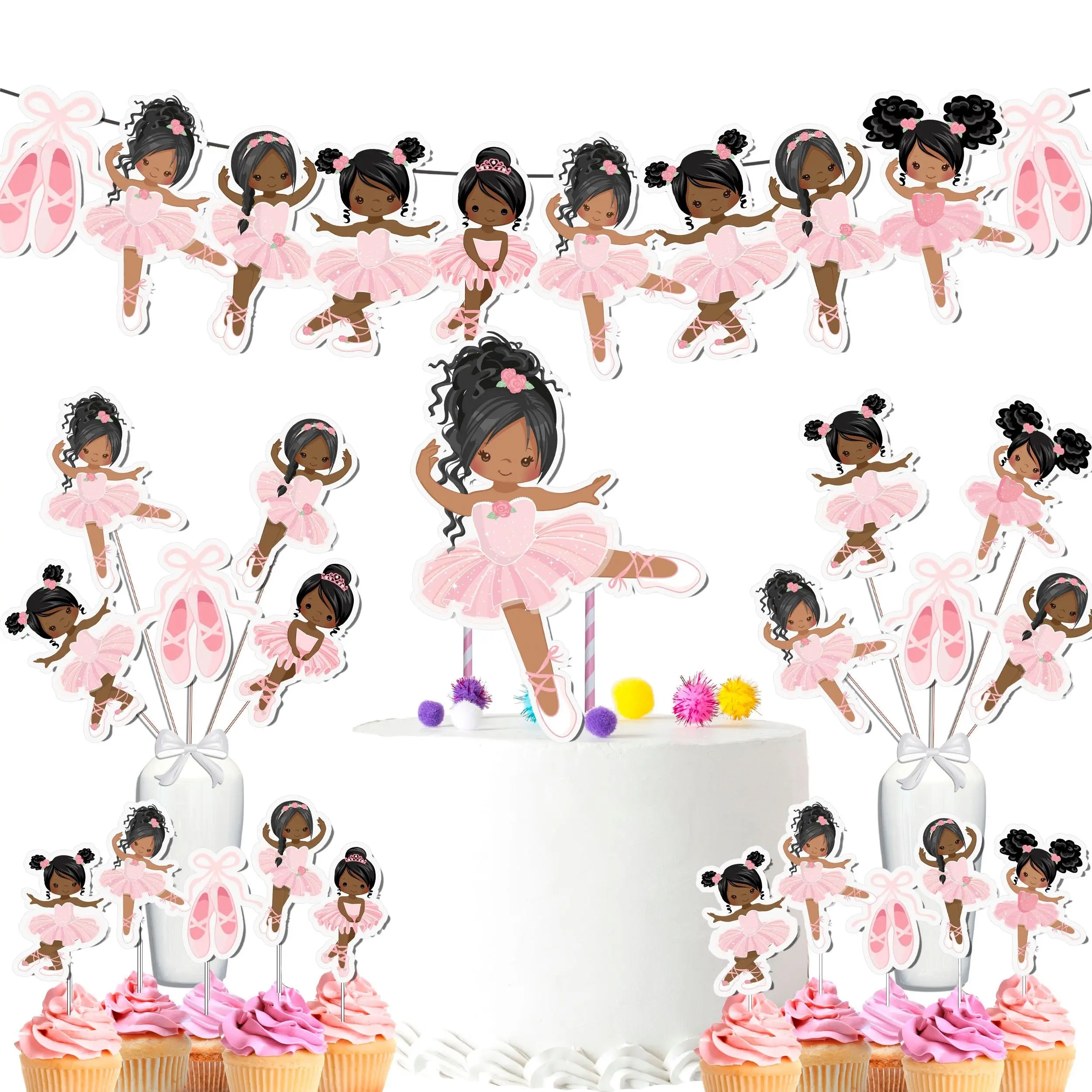 Pink Afro Ballerina Party Decor Set - Enchanting Cake Topper, Cupcake Toppers, Centerpieces & Banner for a Magical Celebration