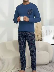 Men's Two-Piece Home Set, Spring & Fall Winter Sleepwear Pjs, Round Neck Casual Classic Fitted Comfortable Long Sleeve Top Pants, Checked Plaid Print Loungewear