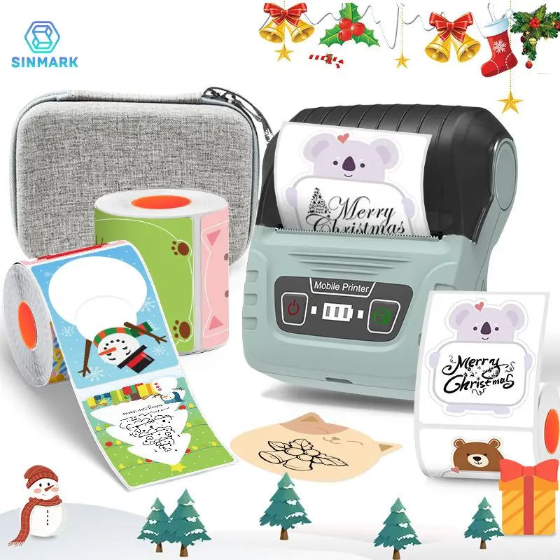 Portable Wireless Label Printer Label Maker Machine + 3 Rolls Color Labels, USB Rechargeable, Compatible with iOS Android Windows, Barcode Clothing Jewelry Retail Mail