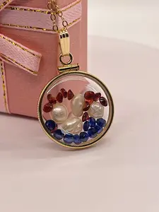 Solid 14k Gold Lucite Handmade mix of Garnet, Sapphire and Pearl Shaker Locket. Round cut Colorful gems. Artistic Series-US Flag colors