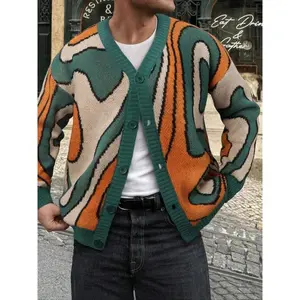 Men’s winter street-style abstract jacquard cardigan, loose-fitting open-front sweater coat, long-sleeve fashion outerwear