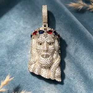 M3-2294 Luxury Fully Iced Jesus Face Pendant With Color Gem Crown, Perfect Gift For Hip Hop Lovers