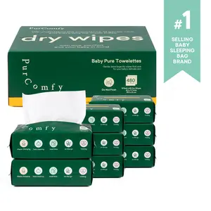 PurComfy Baby Dry Wipes for Newborn, 8 Pack Plant-Based & Hypoallergenic Disposable Cloths for Baby Diaper Changes, Meal Time & Runny Noses, Use Wet or Dry, Total 480 Count