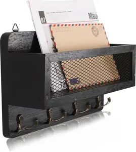 Mail and Key Holder for Wall Decor, Wooden Wall Key Holder Organizer with 4 Dual Key Hooks