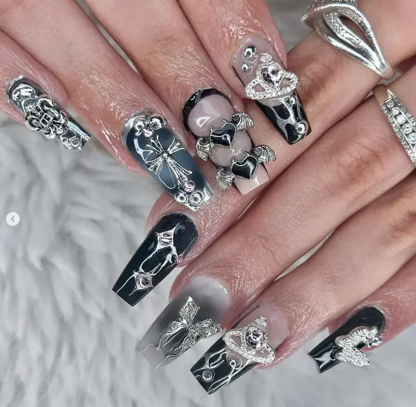 Gothic Black & Silver 3D Nails with Crosses, Bats, Butterflies & Charms – Dark Glam Nail Art Design Trending on TikTok 2025