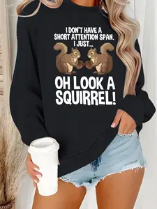 Women's Casual Cartoon Squirrel Pattern Pullover Sweatshirt, Soft Long Sleeve Round Neck, All-Season Comfort