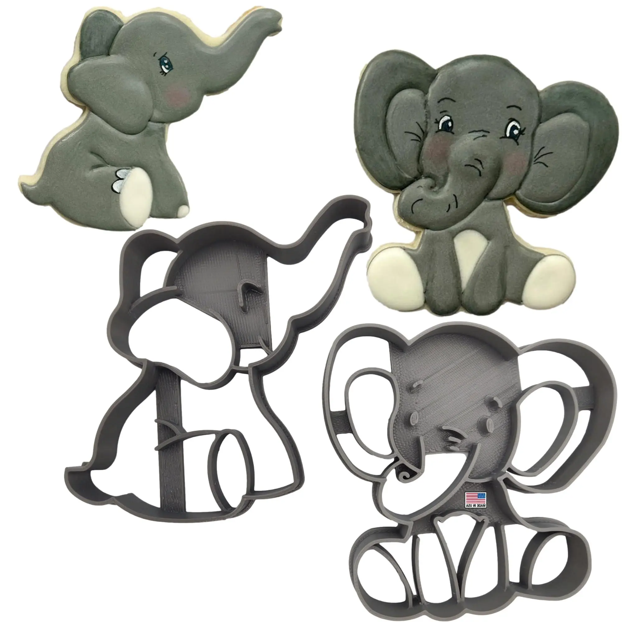 ELEPHANT COOKIE CUTTER IN TWO VIEWS Baby Shower Sprinkle Welcome Home One Two Year Old Birthday Party Infant Animal Front Side Seated Toddler Cookie Cutters For Mom Mothers Day (2 Pack)