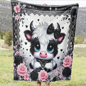 Cute Cartoon Cow Print Blanket with and Flower Pattern, Soft Lightweight Polyester Microfiber, Comfortable Touch, Sofa Throw, Baby Blanket