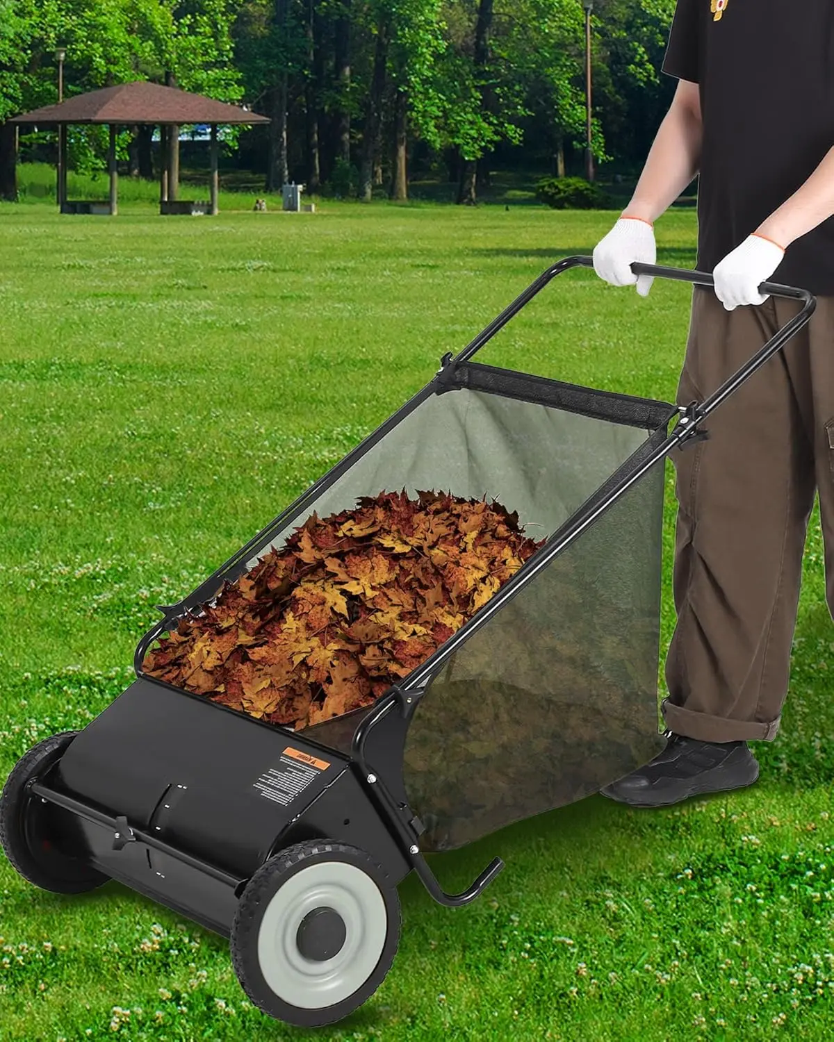 Gaomon 21-Inch Push Lawn Sweeper with 3.5 Cu. Ft. Hopper Bag, 4 Spinning Adjustable Brushes, Adjustable Height for Grass Clippings, Leaves, Debris, Black, Adjustable Brush