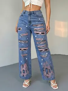 Jeanius Women's High Waist Wide Leg Denim Jeans, Medium Stretch Ocean Blue Wash, Pink Plaid Layered Ripped Print with Rhinestone Sparkle, Streetwear Semi Baggy Jeans