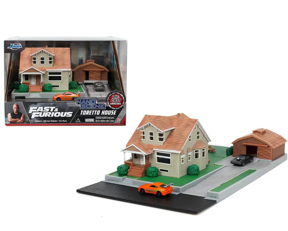 Jada Toretto's Fast & Furious Garage House, Diorama Playset, Includes Two Nano Vehicles, Collectables