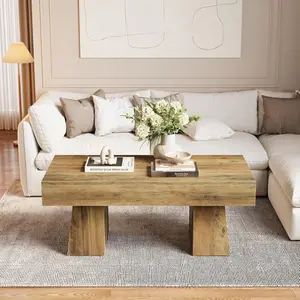 LITTLE TREE Farmhouse Coffee Table, 47 Inches Wooden Rectangular Accent Center Tables with Thick Base, Modern Low Cocktail Tea Furniture for Living Room