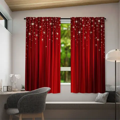 2 pieces of high-definition red window curtains with shiny printed decorative patterns, resistant to fading, washable by hand or machine, hang with a rod bag, suitable for home decoration, Home Decorative Curtain