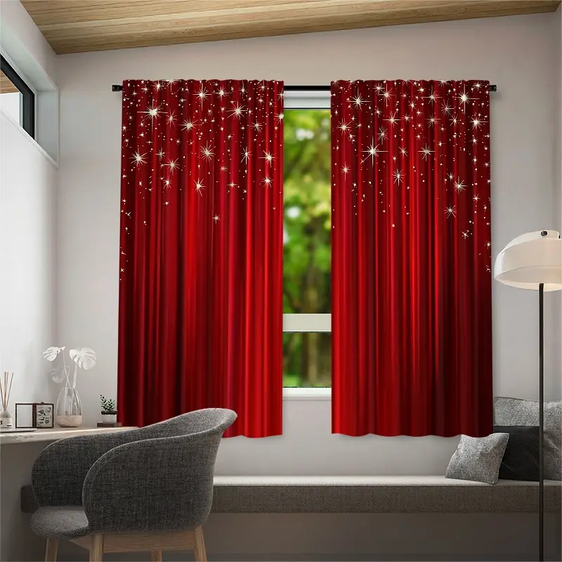 2 pieces of high-definition red window curtains with shiny printed decorative patterns, resistant to fading, washable by hand or machine, hang with a rod bag, suitable for home decoration, Home Decorative Curtain