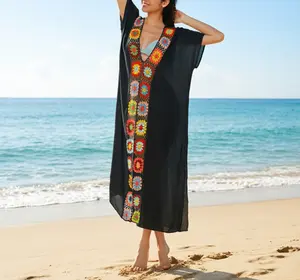 Women's Plus-Size Swim Cover-Up Set - Long Beach Cover-Up with Crochet Detailing, Center Slit, Sun-Protective Design